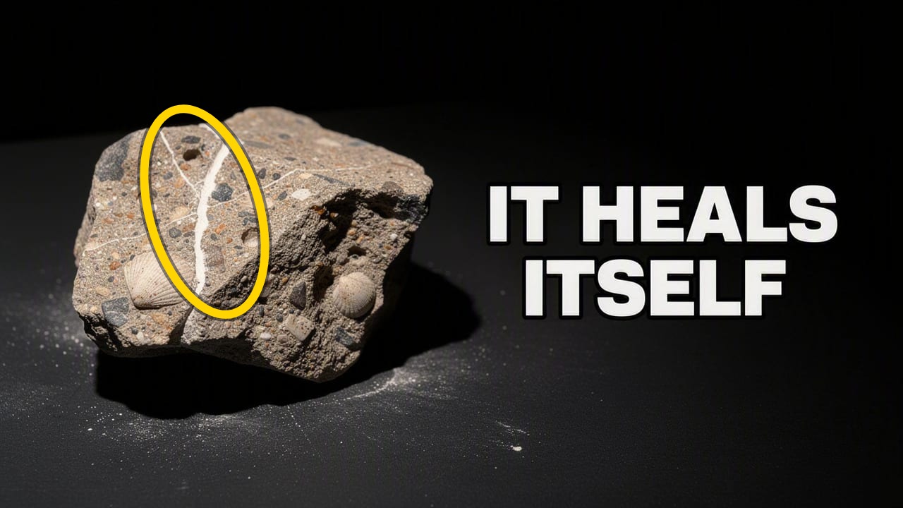 AI-generated education thumbnail — a lit chunk of ancient Roman concrete on black, text 'IT HEALS ITSELF', a yellow circle around the self-sealed crack