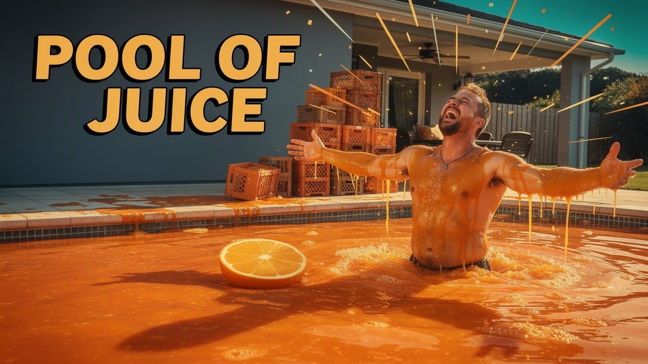 AI-generated entertainment thumbnail — a man laughing waist-deep in a swimming pool filled with orange juice at golden hour, text 'POOL OF JUICE'