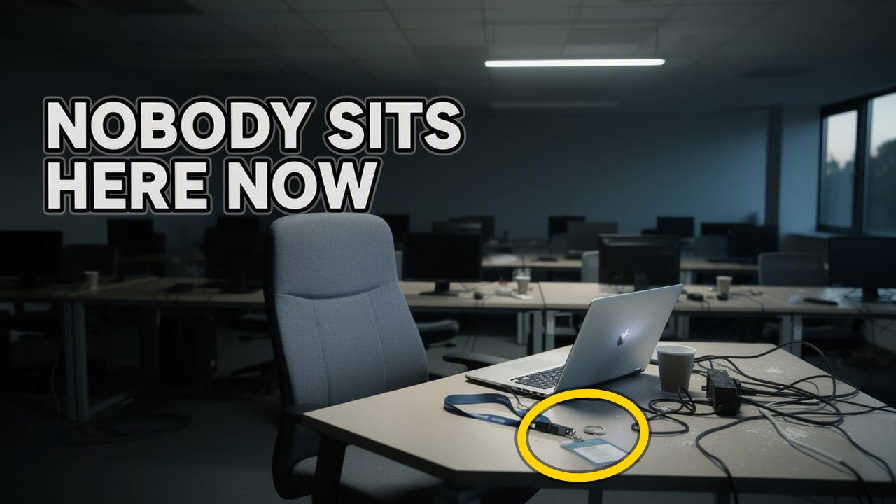 AI-generated faceless-channel thumbnail — an empty open-plan office at dusk with one glowing laptop left open, text 'NOBODY SITS HERE NOW', a yellow circle around an abandoned ID badge on the desk