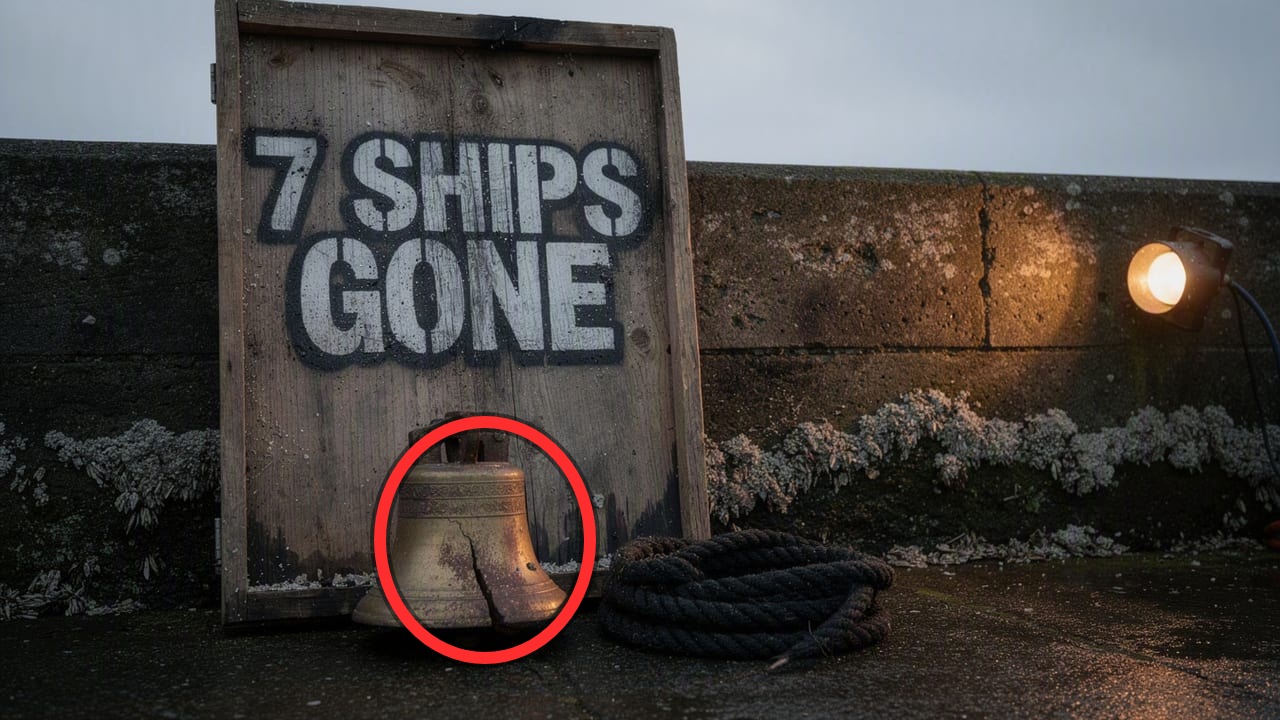 AI-generated faceless-channel thumbnail — stencilled lettering on a salvaged crate lid against a wet harbour wall, text '7 SHIPS GONE', a red circle around the cracked bell